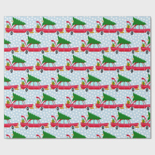 Retro Red Car Carrying a Christmas Tree Wrapping Paper