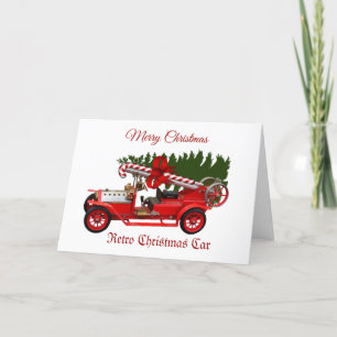 Retro Red Car Christmas Tree Greeting Card