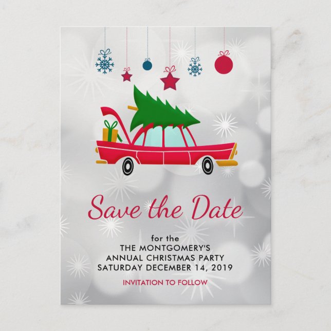 Retro Red Car & Christmas Tree Save the Date Postcard (Front)