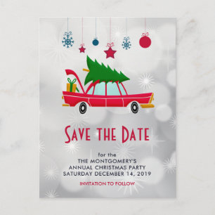 Retro Red Car & Christmas Tree Save the Date Postcard