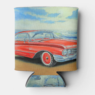 Retro red car, seaside painting. can cooler