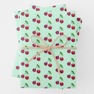 Retro Red Cherries Packaging Mint Green Christmas Wrapping Paper Sheet