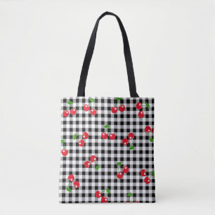 Retro Red Cherry Black White Buffalo Plaid Gingham Tote Bag