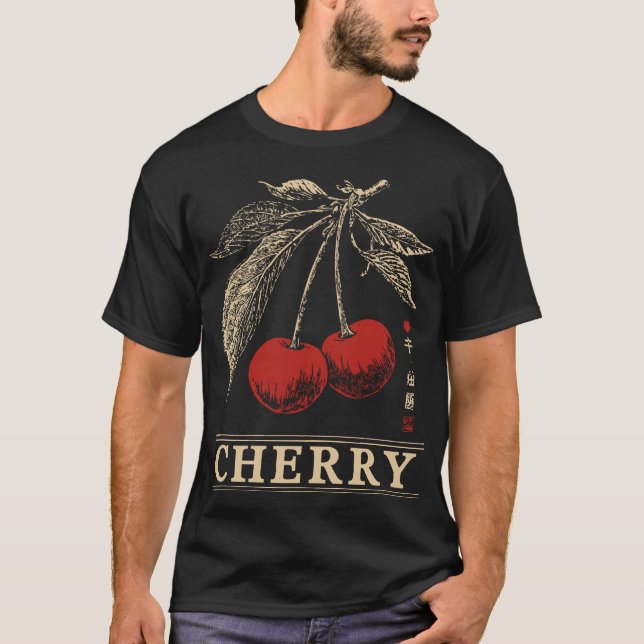 Retro Red Cherry Fruit Botanical Design T-Shirt (Front)