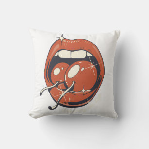 Retro Red Cherry Lips Graphic Art Throw Pillow