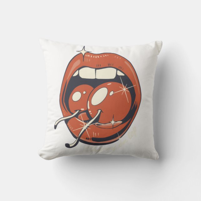 Retro Red Cherry Lips Graphic Art Throw Pillow (Front)