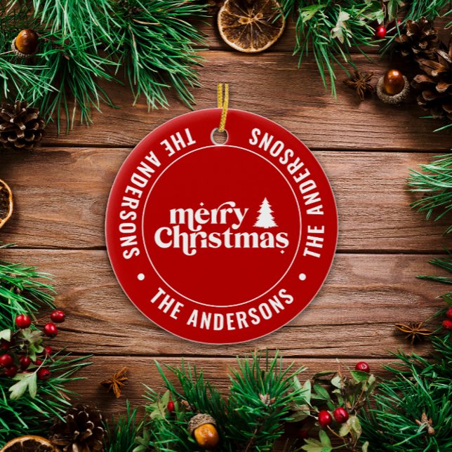 Retro Red Christmas Modern Minimal Unique Ceramic Ornament (Creator Uploaded)