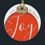 Retro Red Christmas Ornament and Backside Photo<br><div class="desc">Modern illustration of a retro style red christmas ornament with the word "Joy" in white script surrounded by a personalized name and year. The back side can be customized with a family photo. Design by Shelby Allison and photo by Jessica Rockowitz on Unsplash.</div>