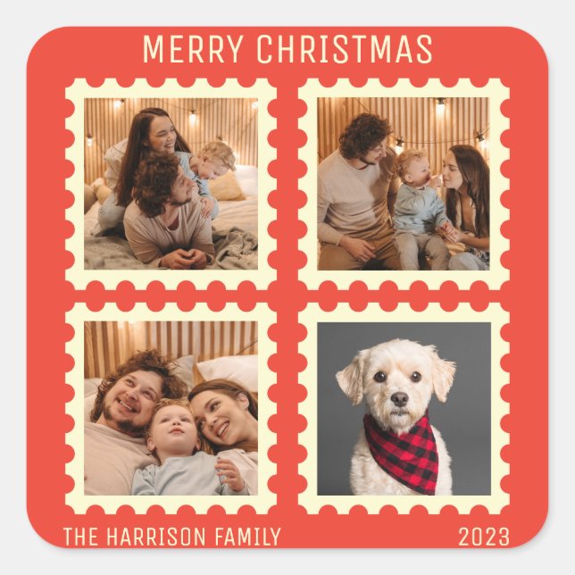 Retro Red Christmas Stamp Holidays Photos Collage Square Sticker (Front)