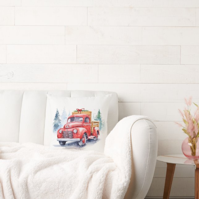 Retro Red Christmas Truck Throw Pillow (Couch)