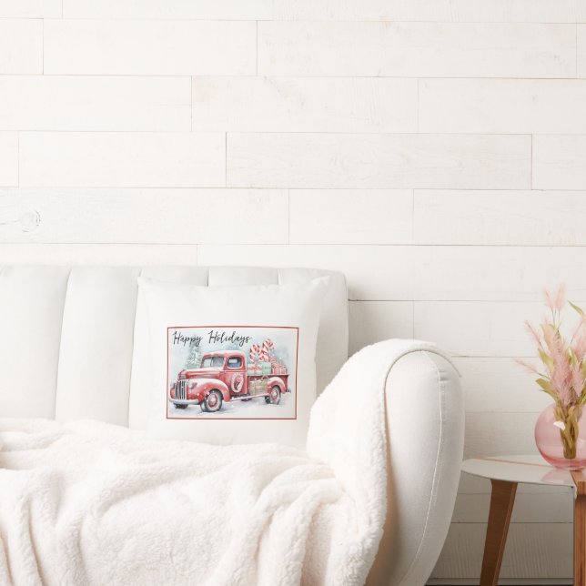 Retro Red Christmas Truck Throw Pillow (Couch)