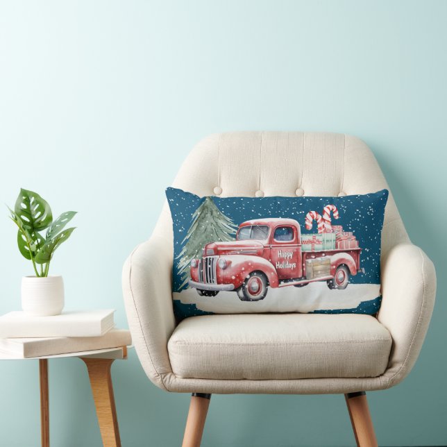 Retro Red Christmas Truck With Candy Canes Lumbar Pillow (Chair)