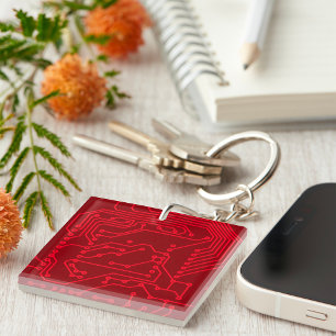 Retro Red Circuit Board Tech Pattern Keychain