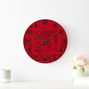Retro Red Circuit Board Tech Pattern Large Clock