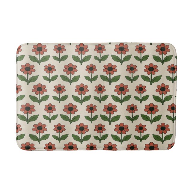 Retro Red Daisy Pattern Bath Mat (Front)