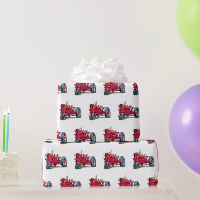 Retro Red Farm Tractor On White Wrapping Paper (Party Gifts)