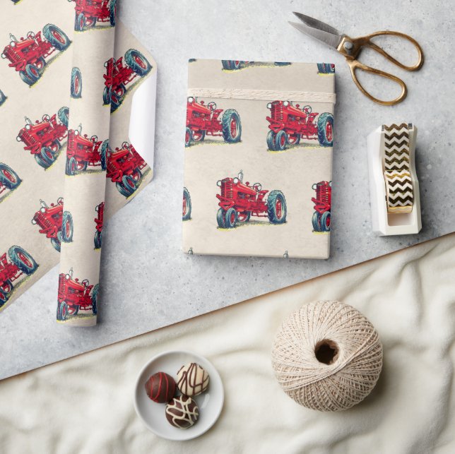Retro Red Farm Tractor  Wrapping Paper (Crafts)