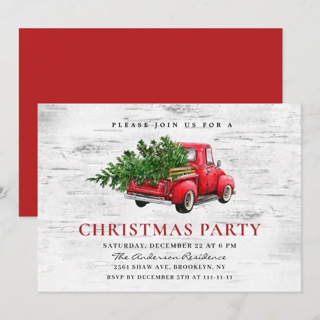 Retro Red Farm Truck Birch Bark Christmas Party Invitation (Front/Back)