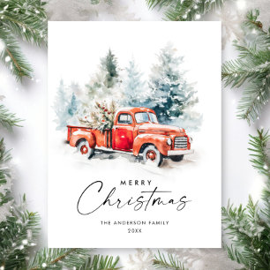Retro Red Farm Truck Christmas Greeting Holiday Postcard