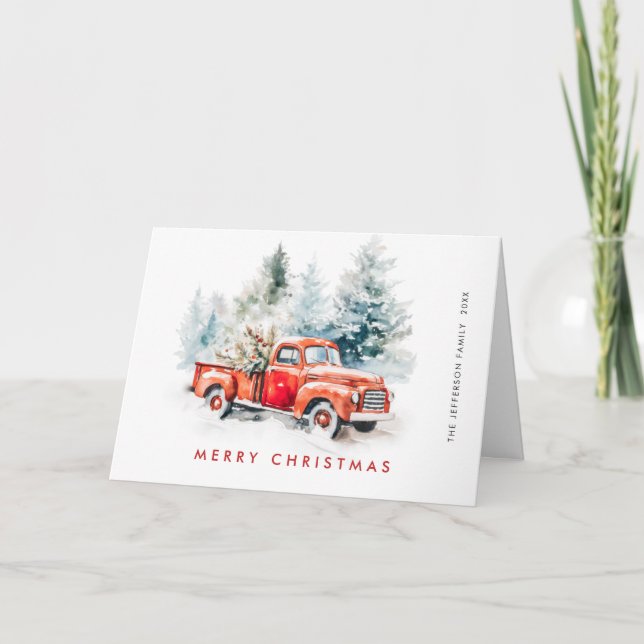 Retro Red Farm Truck Christmas Tree Greeting Holiday Card (Front)