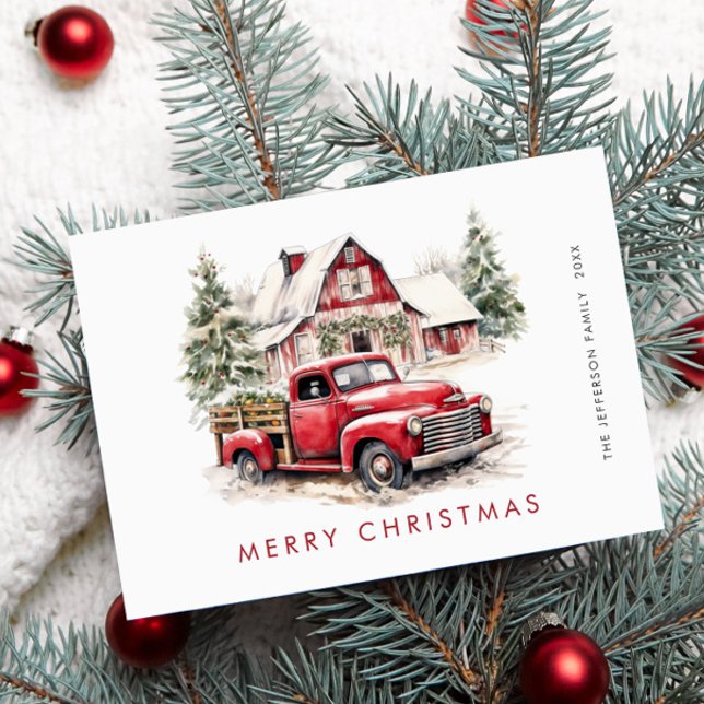 Retro Red Farm Truck Christmas Tree Greeting Holiday Card (Creator Uploaded)