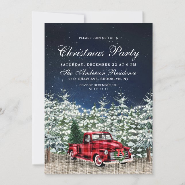 Retro Red Farm Truck Winter Forest Christmas Party Invitation (Front)