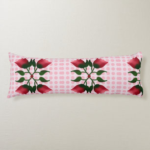 Retro Red Floral Folk Art with Pink Polka Dot Patt Body Pillow