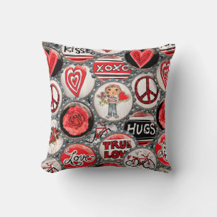 Retro Red Floral Hearts True Love Valentine's Day Throw Pillow