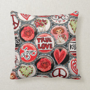 Retro Red Floral Hearts True Love Valentine's Day Throw Pillow