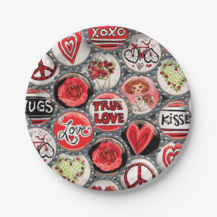 Retro Red Floral Hearts Valentine True Love Paper Plate