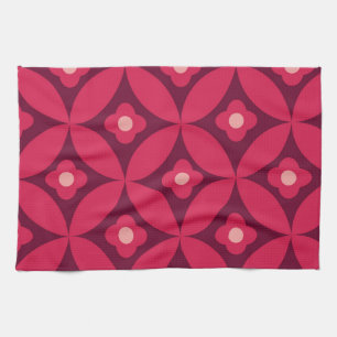Retro Red Flowers on Mid Century Circles Pattern  Kitchen Towel