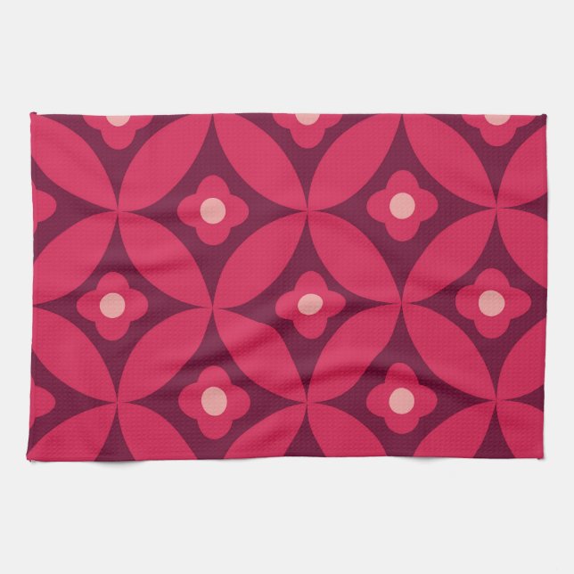 Retro Red Flowers on Mid Century Circles Pattern  Kitchen Towel (Horizontal)