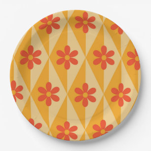 Retro Red Flowers on orange vintage diamonds  Paper Plate