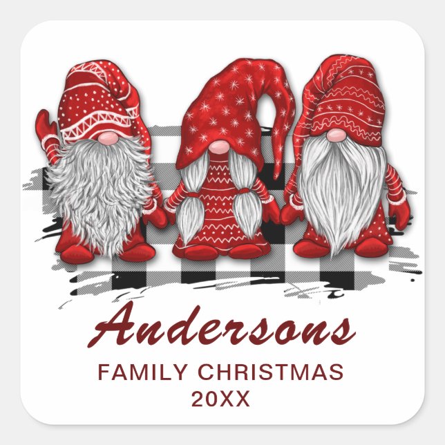 Retro Red Gnomes Christmas Plaid Holiday Square Sticker (Front)