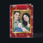 Retro Red Gold Snowflakes Christmas Photo Custom Holiday Card<br><div class="desc">"Believe in the miracle of Christmas". Red Gold Snowflakes Christmas Photo Custom Folded Greeting Card. Add your favourite family photo, first Christmas together photo or pet's or baby's first holiday picture... .. then customize the text. Modern cheerful way to send happy winter holiday greetings to all your friends and loved...</div>