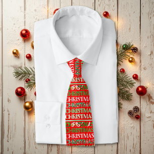 Retro Red Green Christmas Typography Tie