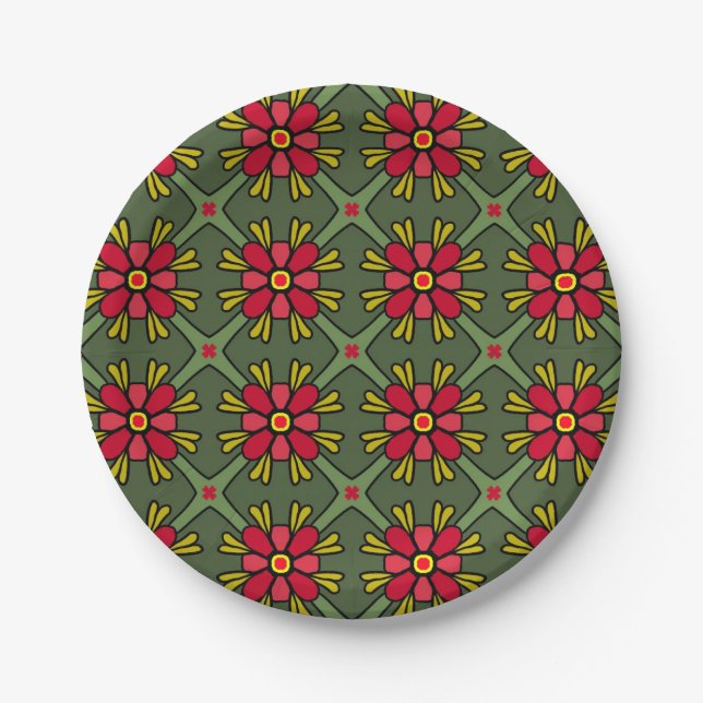 Retro Red & Green Floral Christmas Paper Plate (Front)