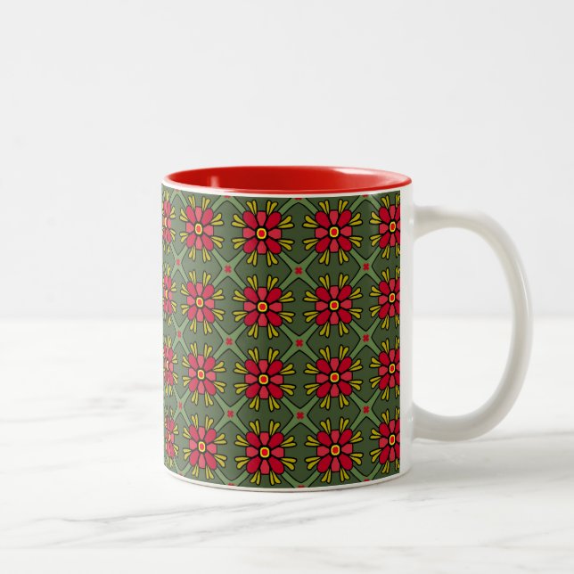 Retro Red & Green Floral Geometric Mug (Right)