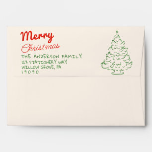 Retro Red Green Hand Drawn Merry Christmas Tree Envelope