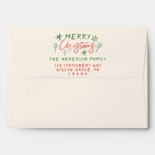 Retro Red Green Hand Drawn Quirky Merry Christmas Envelope