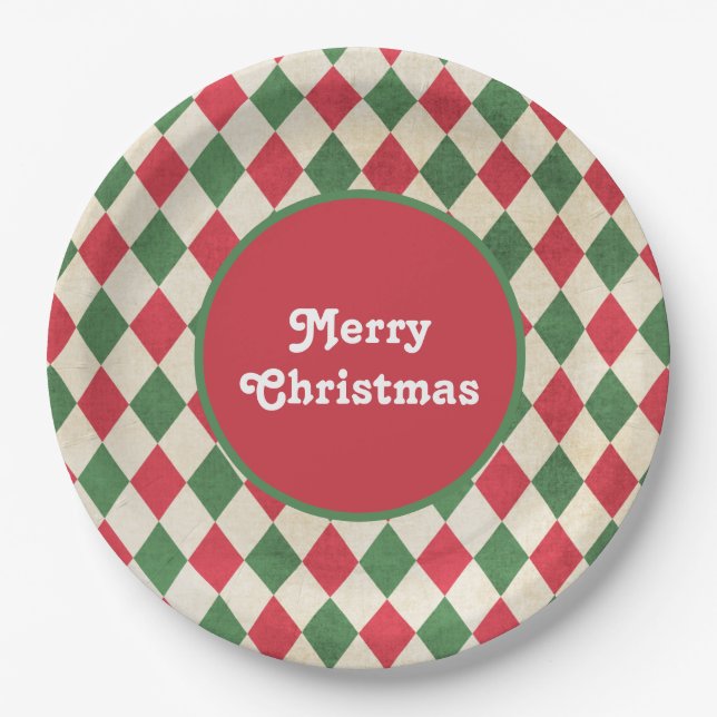 Retro Red Green Harlequin Holiday  Paper Plate (Front)