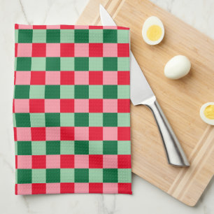 Retro Red Green Pink Tartan Plaid Christmas Kitchen Towel