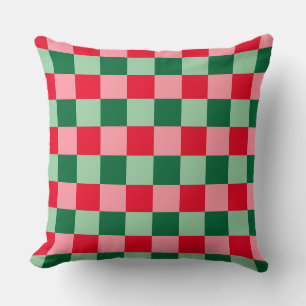 Retro Red Green Pink Tartan Plaid Christmas Throw Pillow
