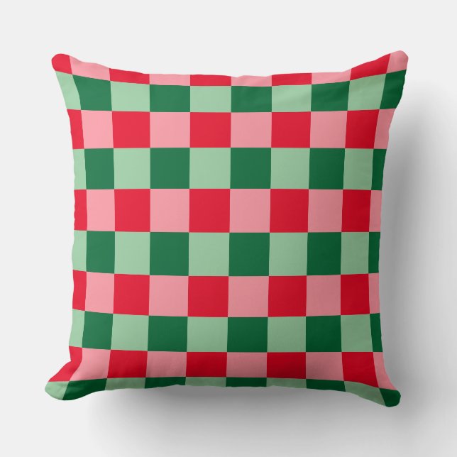 Retro Red Green Pink Tartan Plaid Christmas Throw Pillow (Front)