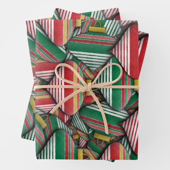 Retro Red Green Striped Ornament Pattern Design Wrapping Paper Sheet (In situ)