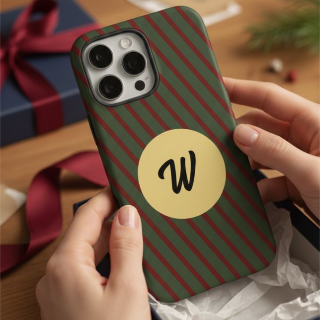 Retro Red & Green Stripes Gold Circle Monogrammed Case-Mate iPhone Case (Creator Uploaded)