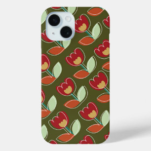 Retro Red Green Tulips Flowers Bloom Cute Pattern iPhone 15 Case