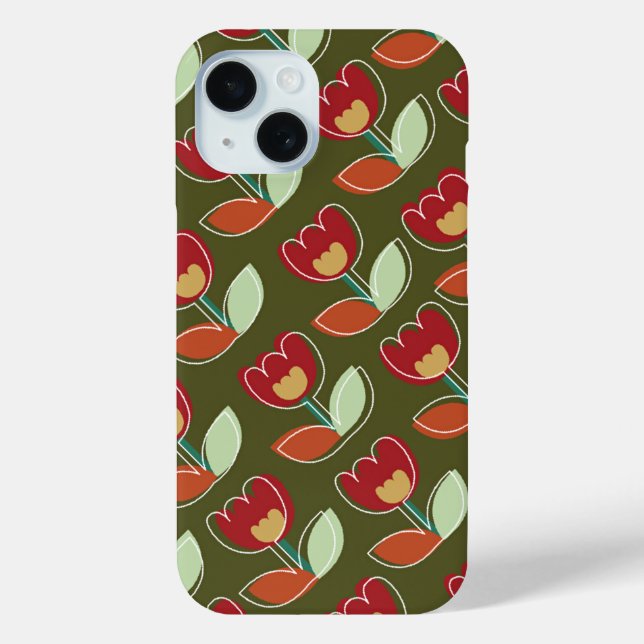 Retro Red Green Tulips Flowers Bloom Cute Pattern Case-Mate iPhone Case (Back)