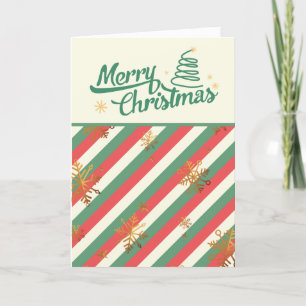 Retro Red Green Vertical Stripes Gold Snowflakes Holiday Card