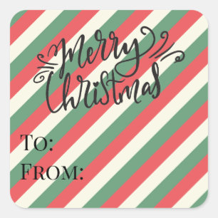 Retro Red Green Vertical Stripes Merry Christmas Square Sticker